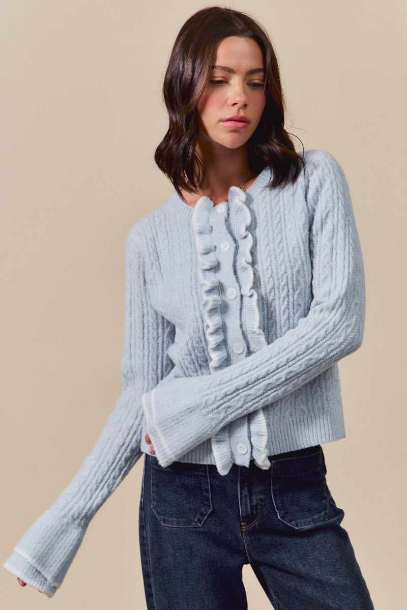 Ruffle Cable Knit Button Down Sweater Caridgan Top