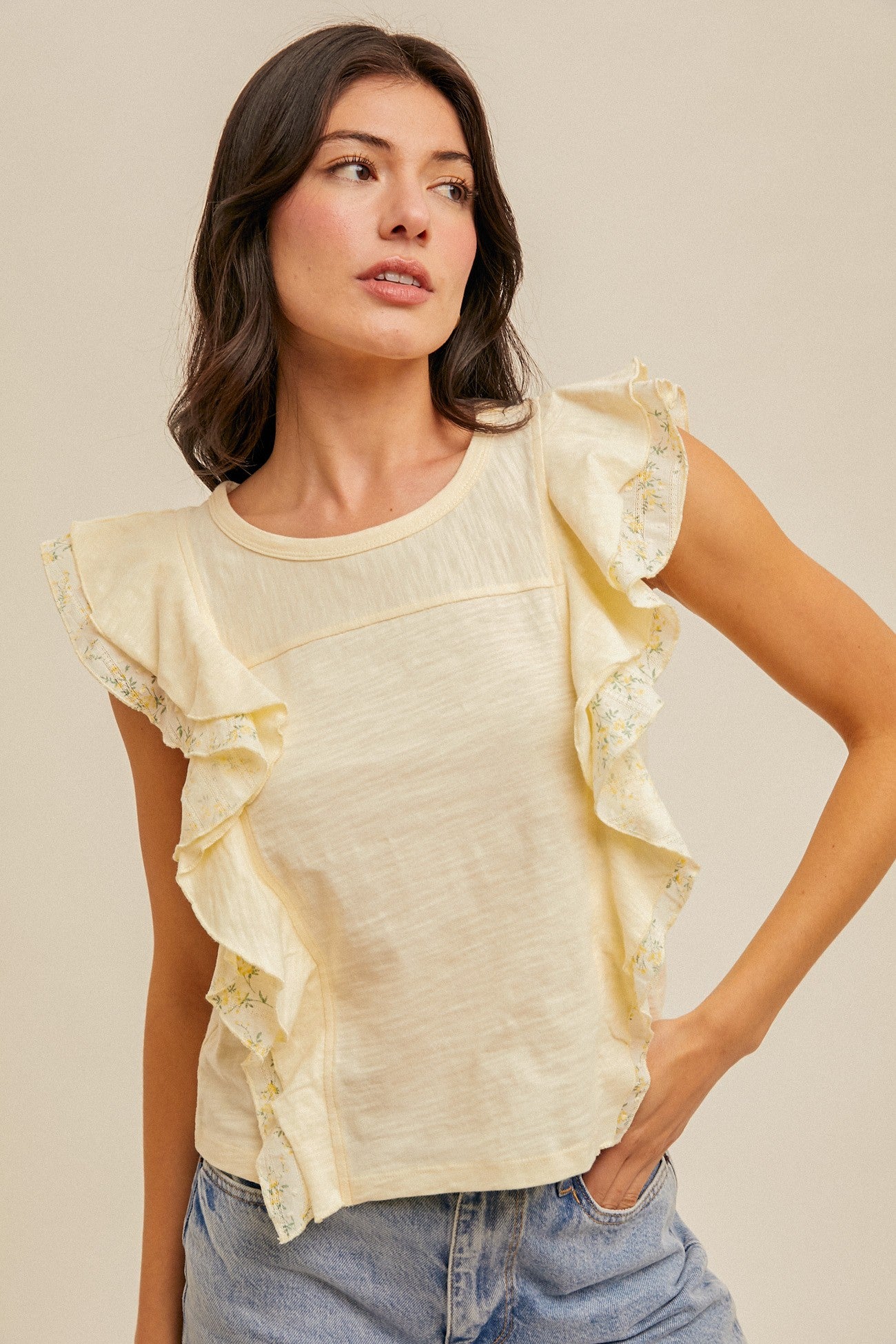 Cream floral ruffle top