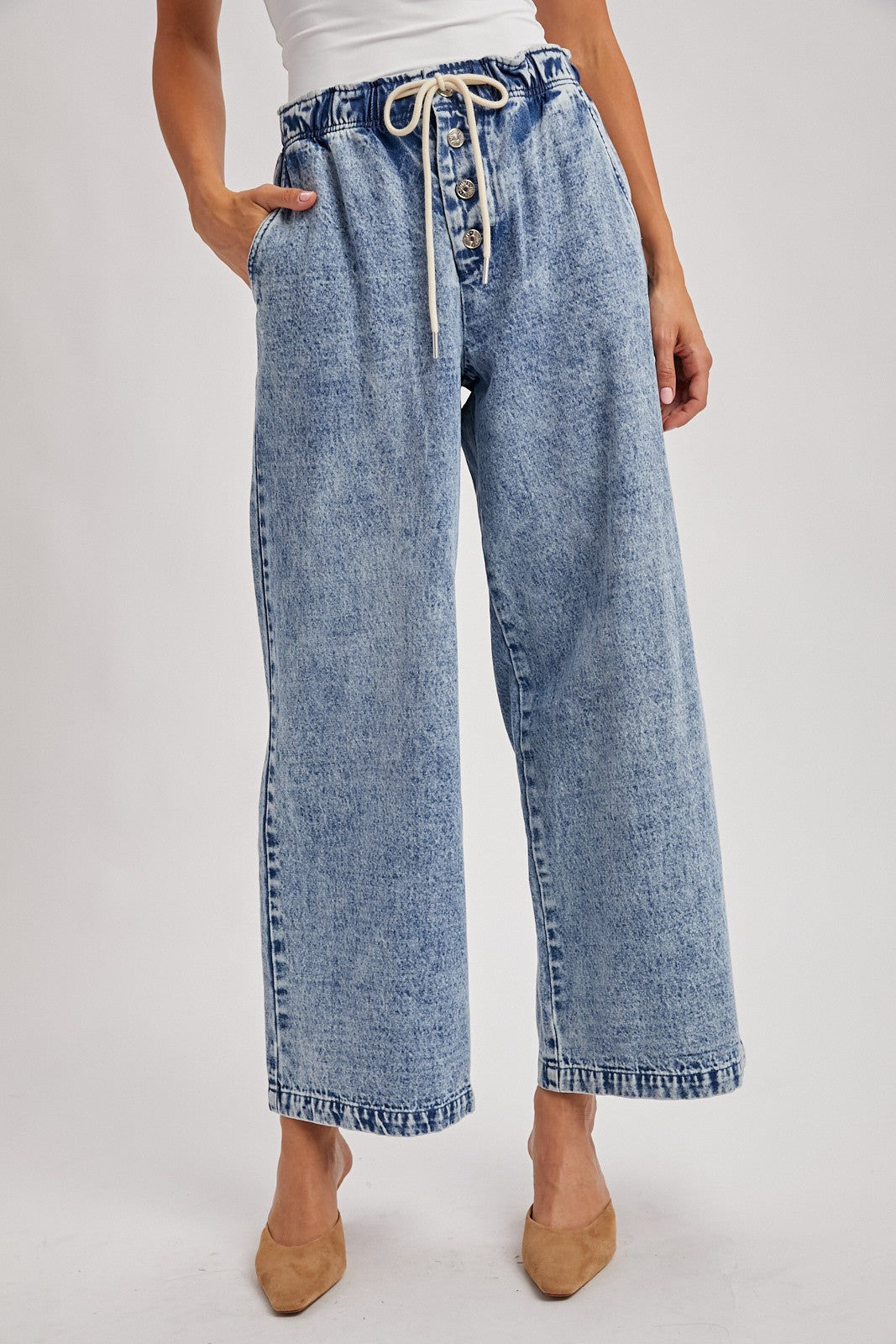 Denim Paperbag-style Drawstring Wide Leg Jeans
