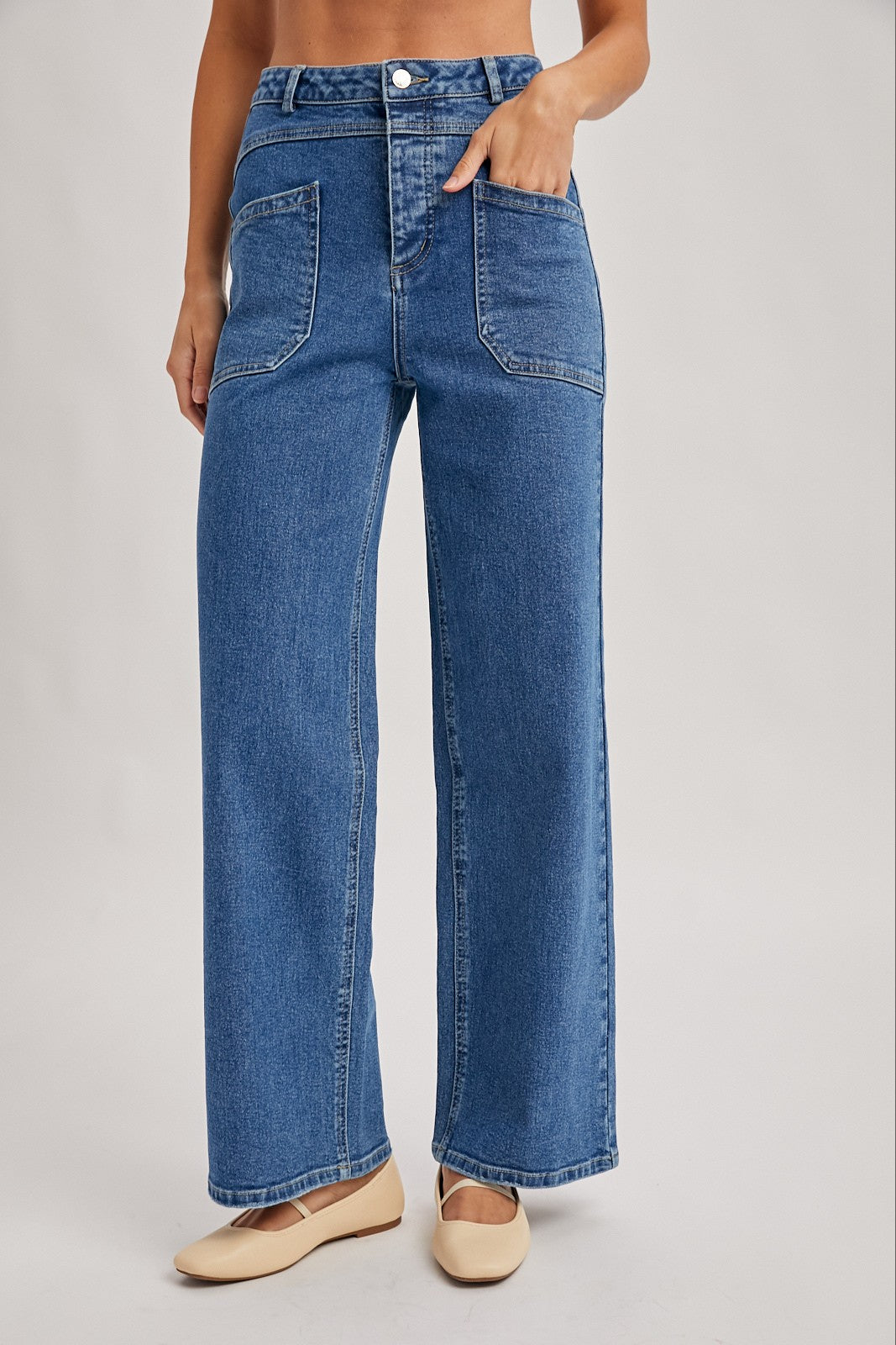 Denim High-rise Seamed Pockets Straight Leg Jeans