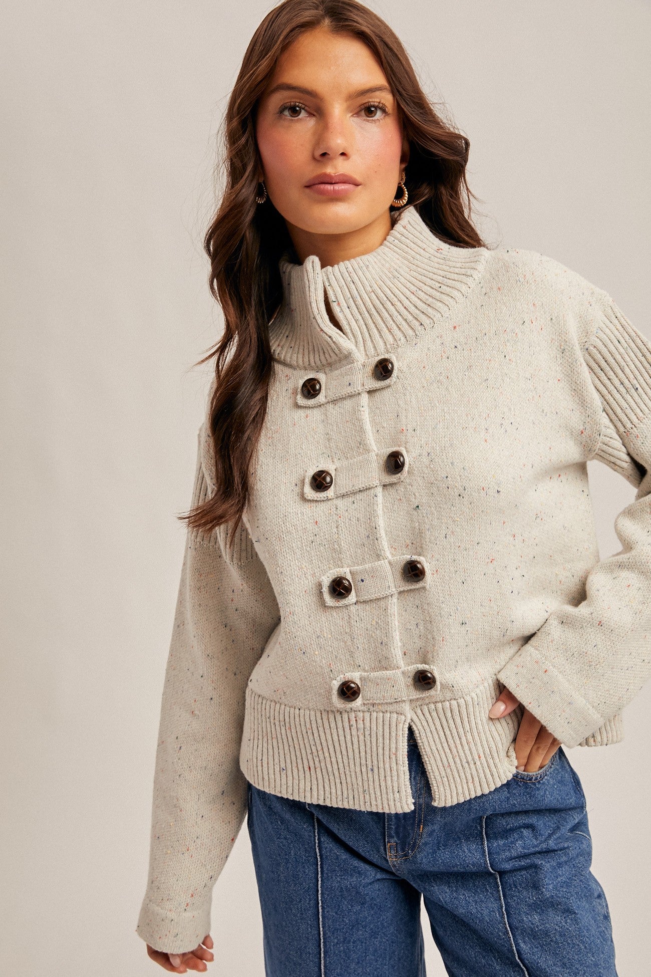 Textured Melange Boxy Fit Sweater Jacket