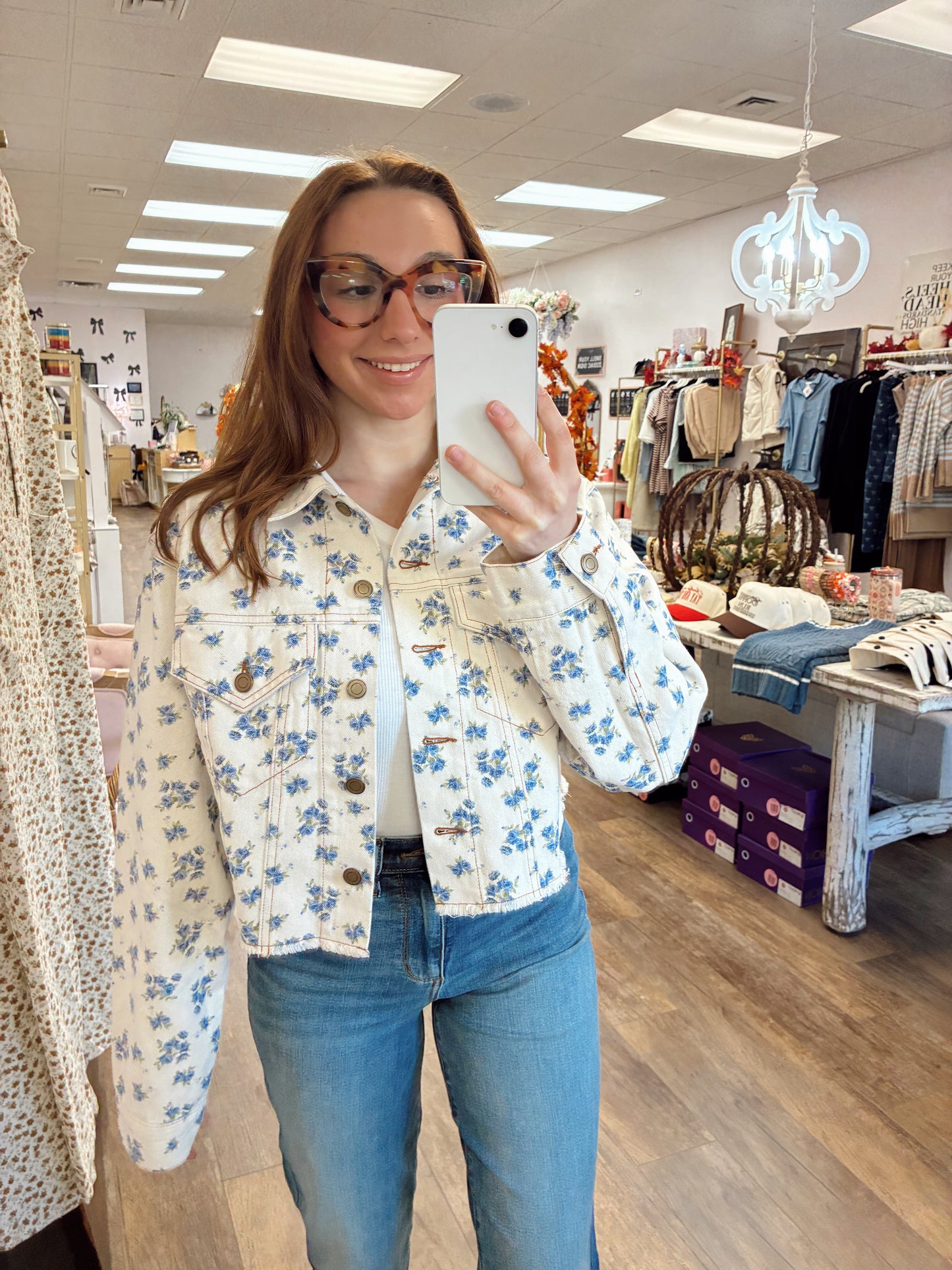 Floral Printed Cotton Twill Denim Crop Jacket