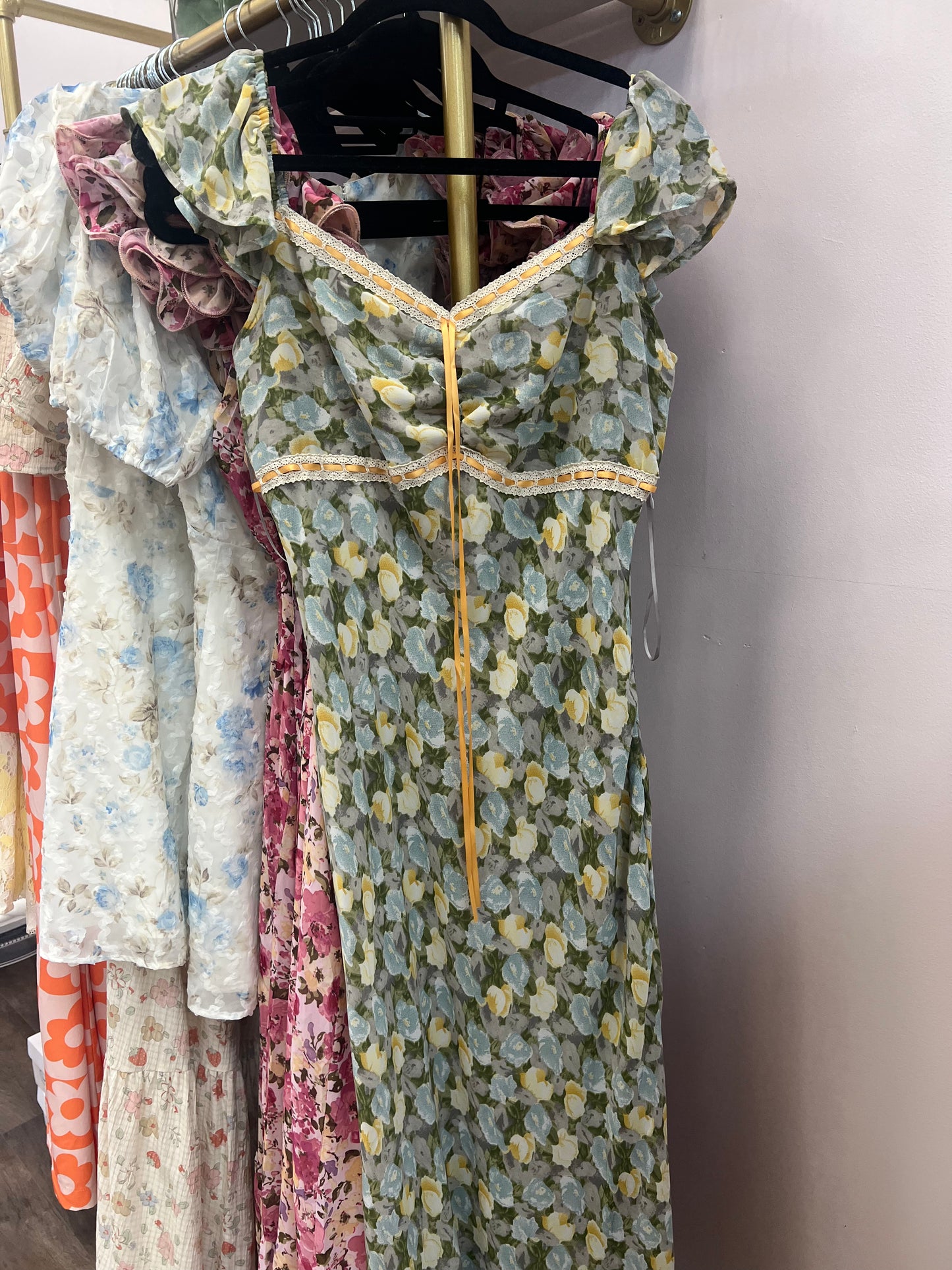 green blue floral tie dress