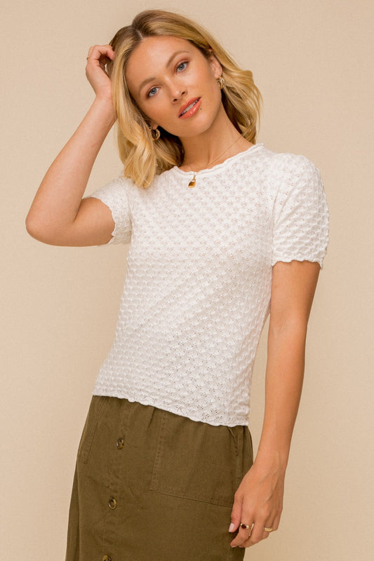 White Textured Short Sleeve Top