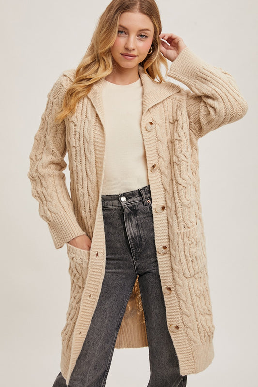 Long Cable Knit Button Down Cardigan