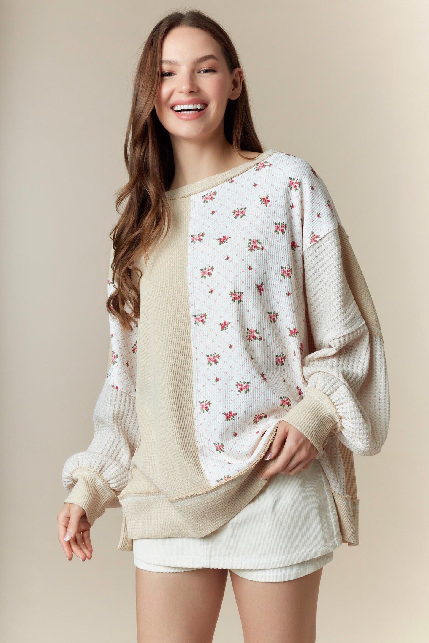 Floral Waffle Color Block Sweatshirt