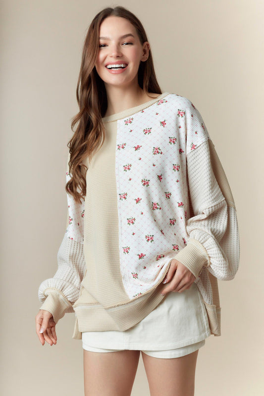 Floral Waffle Color Block Sweatshirt