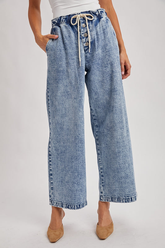 Denim Paperbag-style Drawstring Wide Leg Jeans