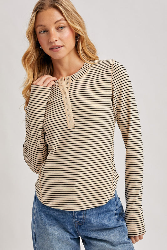 Striped Placket Front Dolphin Hem Henley Knit Top