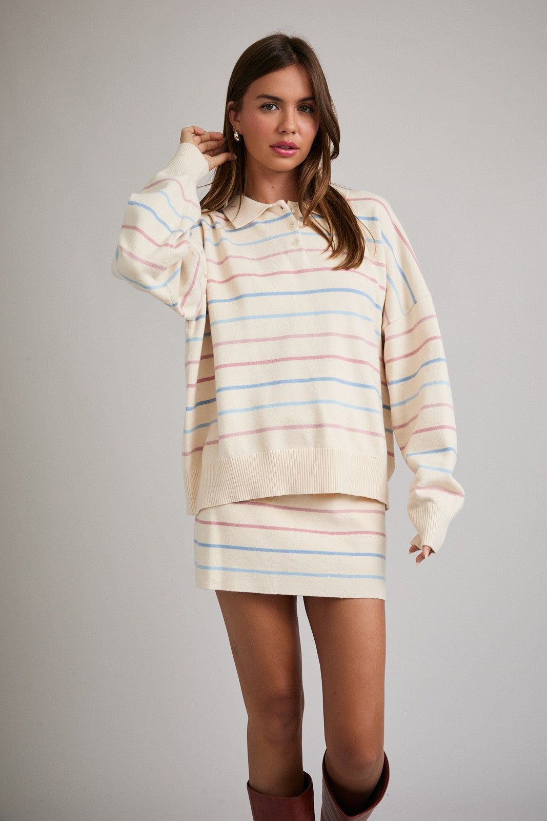 Long Sleeve Collared Stripe Polo Sweater/Skort Set