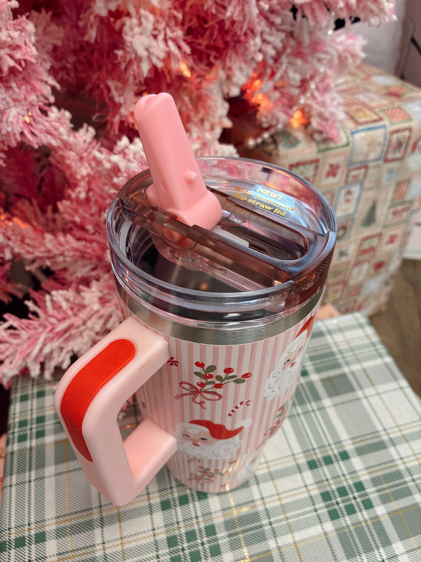 Pink Santa 20oz Flip Straw Cup